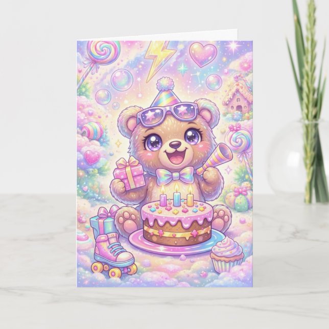 Kawaii Bear Birthday Pastel Rainbow Roller Skate Card (Front)