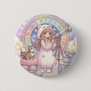 Kawaii Bear Girl Astrology Telescope Pastel Aesthe 6 Cm Round Badge