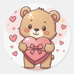Kawaii Bear with Heart-Shaped Chocolate Box Classic Round Sticker