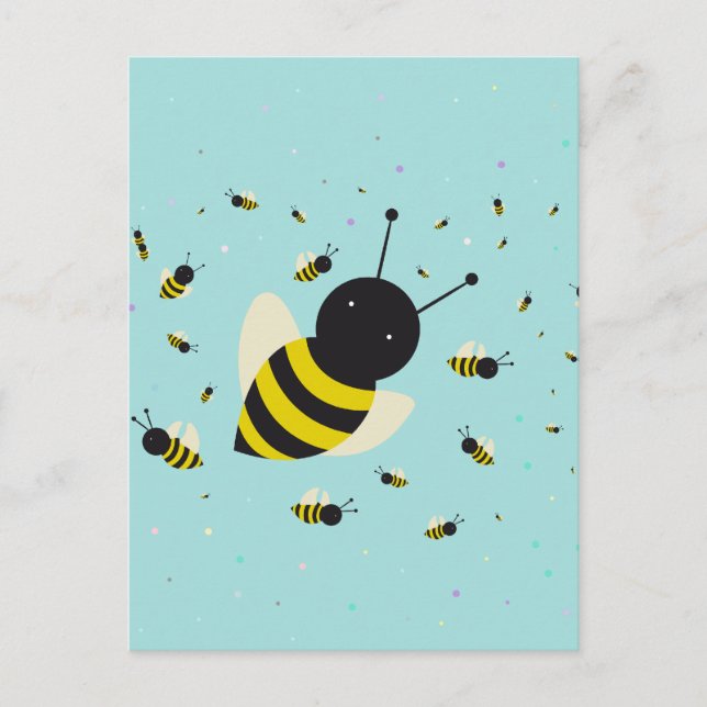 kawaii bee swarm and polka dots pastel blue postcard (Front)