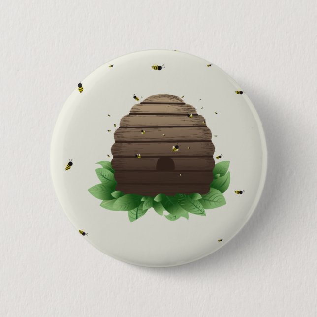 kawaii beehive and beeswarm 6 cm round badge (Front)