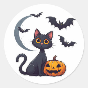 Kawaii Black Cat And Friendly Bats Halloween 🎃 Classic Round Sticker