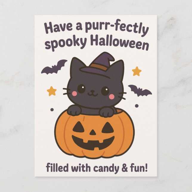 Kawaii Black Cat Halloween Greeting Card  (Front)