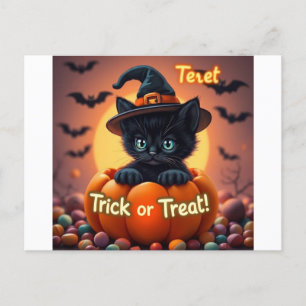 Kawaii Black Cat Halloween Postcard 