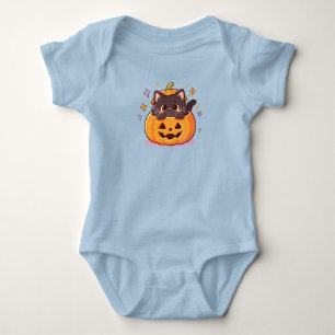 Kawaii Black Cat in Pastel Pumpkin Baby Bodysuit