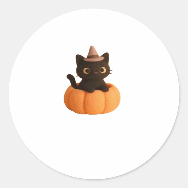 Kawaii Black Cat in Pumpkin  Cute Felt Halloween D Classic Round Sticker (Front)