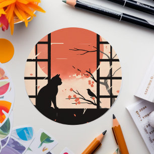 Kawaii Black Cat near Window - Japanese Aesthetic Classic Round Sticker