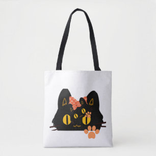 Kawaii Black Cat Peekaboo Art with Bow Tote Bag