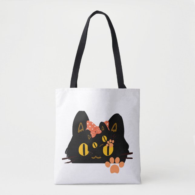 Kawaii Black Cat Peekaboo Art with Bow Tote Bag (Front)