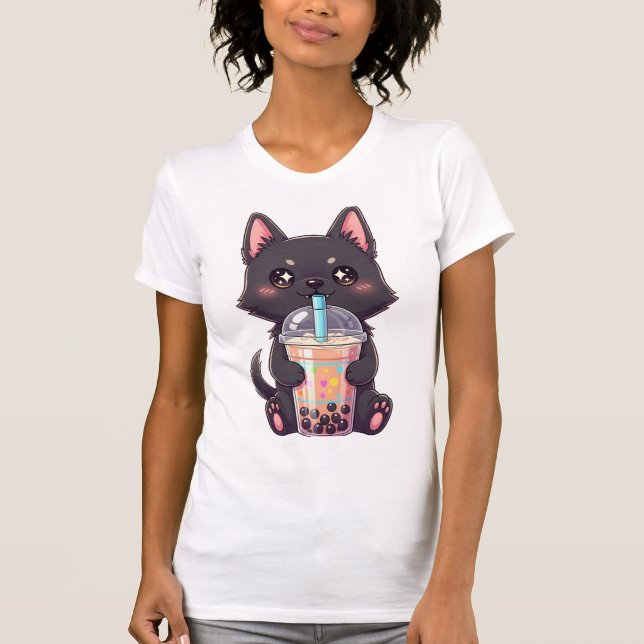 Kawaii Black Cat Sipping Boba Tea - Cute Anime T-Shirt (Front)
