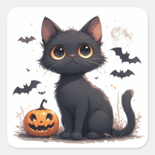 Kawaii Black Cat with pumpkin Halloween 🎃 Square Sticker