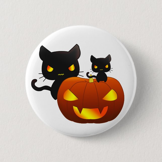 Kawaii black cats and halloween pumpkin 6 cm round badge (Front)
