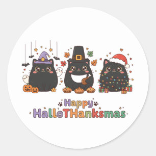 Kawaii Black Cats Happy HalloThanksmas Classic Round Sticker
