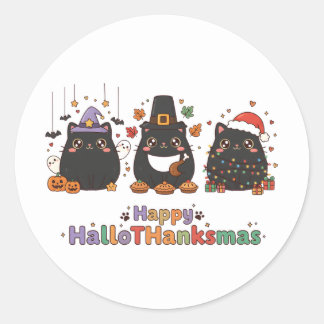 Kawaii Black Cats Happy HalloThanksmas  Classic Round Sticker