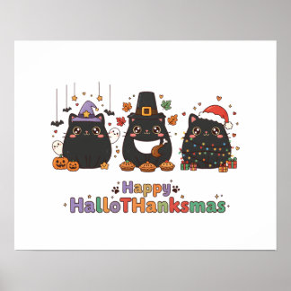 Kawaii Black Cats Happy HalloThanksmas  Poster