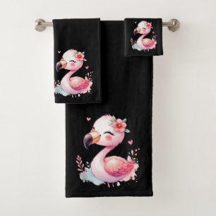 Kawaii Black with Baby Pink Flamingo  Bath Towel Set