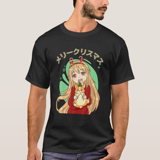 Kawaii Blonde Anime Girl And Corgi Dog Christmas P T-Shirt (Front)