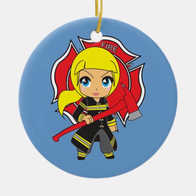 Kawaii Blonde Firefighter Girl Ornament (Front)