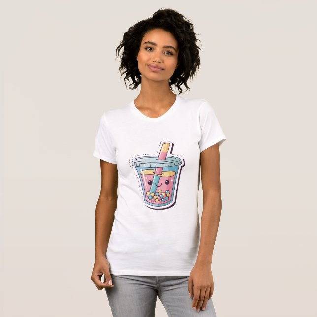 Kawaii Blue Boba Tea T-Shirt | Cute Smiling Bubble (Front Full)