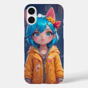 Kawaii Blue-Haired Cat Girl iPhone 16 Plus Case