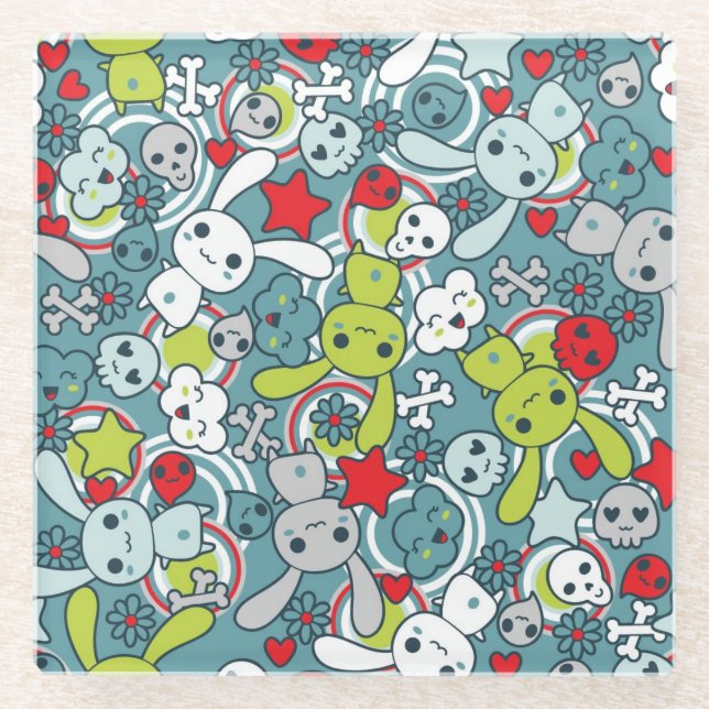 kawaii blue pattern glass coaster (Front)