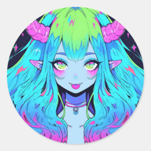 Kawaii Blue, Pink, and Green Anime Girl Demon Classic Round Sticker