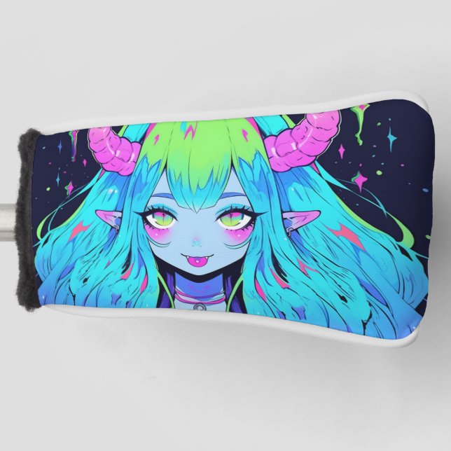 Kawaii Blue, Pink, and Green Anime Girl Demon Golf Head Cover (Front)