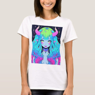 Kawaii Blue, Pink, and Green Anime Girl Demon T-Shirt