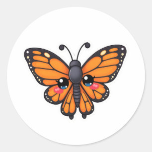 "Kawaii Blushing Butterfly-Chan: Monarch Magic" Classic Round Sticker