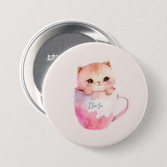 Kawaii Blushing Pink Chibi Cat 7.5 Cm Round Badge (Front & Back)