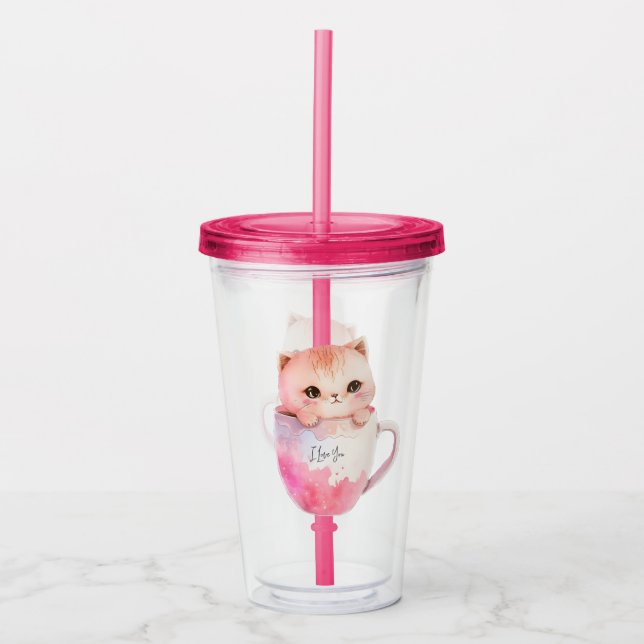 Kawaii Blushing Pink Chibi Cat Acrylic Tumbler (Front)