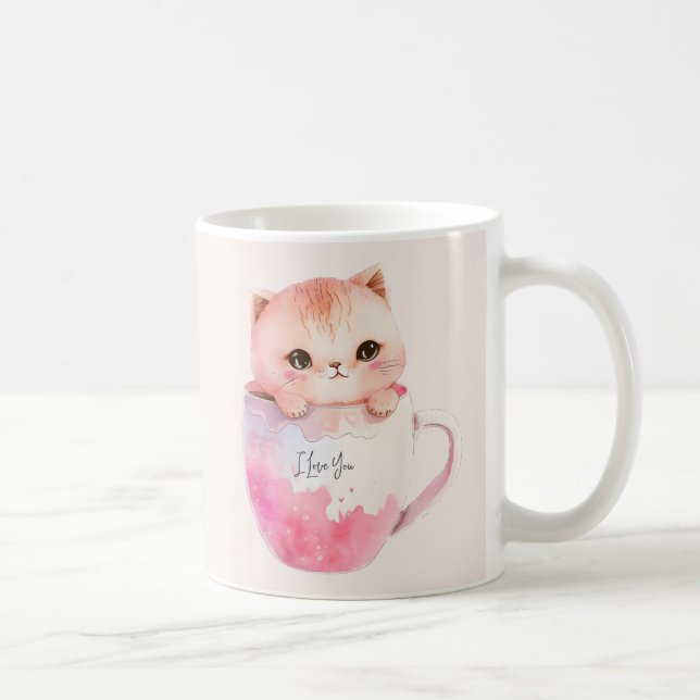 Kawaii Blushing Pink Chibi Cat Coffee Mug (Right)