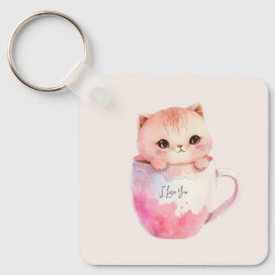 Kawaii Blushing Pink Chibi Cat Key Ring