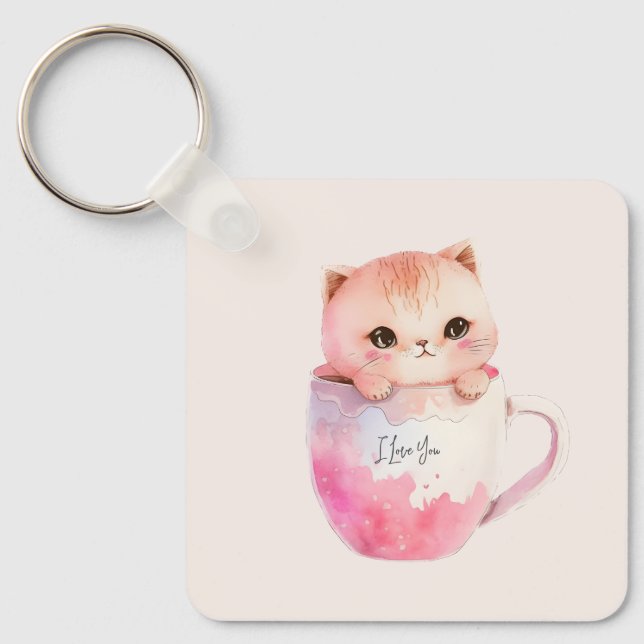 Kawaii Blushing Pink Chibi Cat Key Ring (Front)