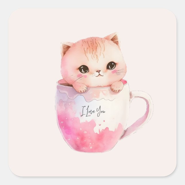 Kawaii Blushing Pink Chibi Cat Square Sticker (Front)