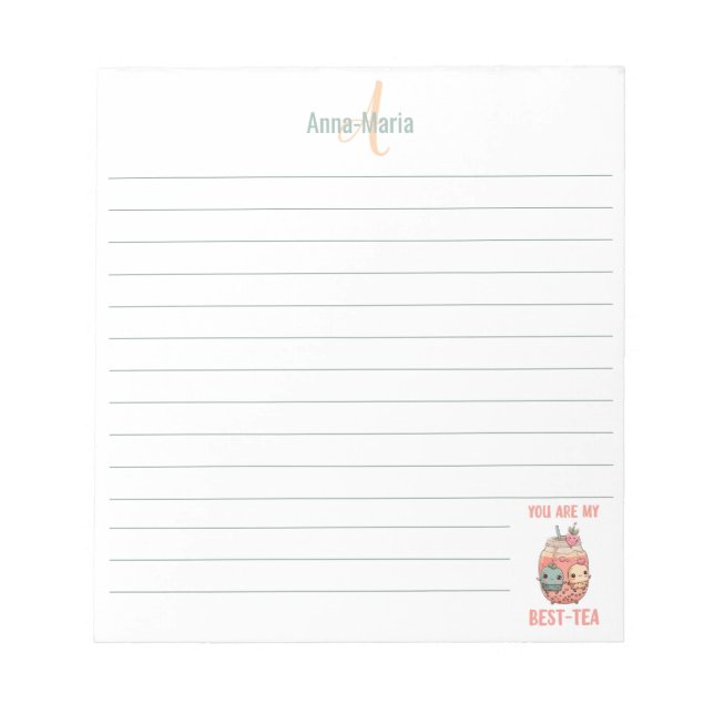 Kawaii boba bubble tea personalised best-tea lined notepad (Front)