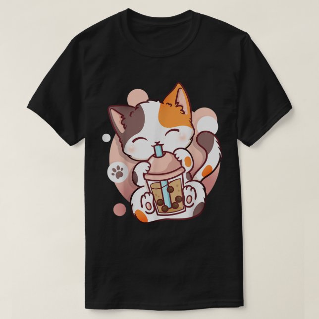 Kawaii Boba Cat Drinking Bubble Tea Tee (Design Front)