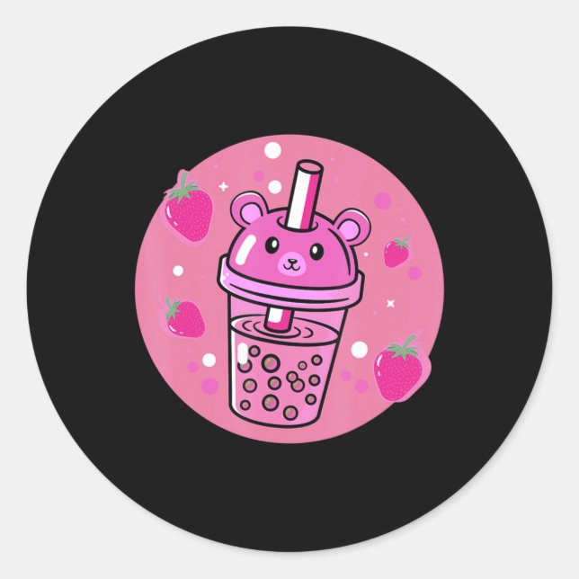 Kawaii Boba Cup Strawberry Anime Bubble Tea Cute  Classic Round Sticker (Front)