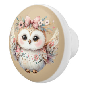 Kawaii Boho Owl Illustration Ceramic Knob