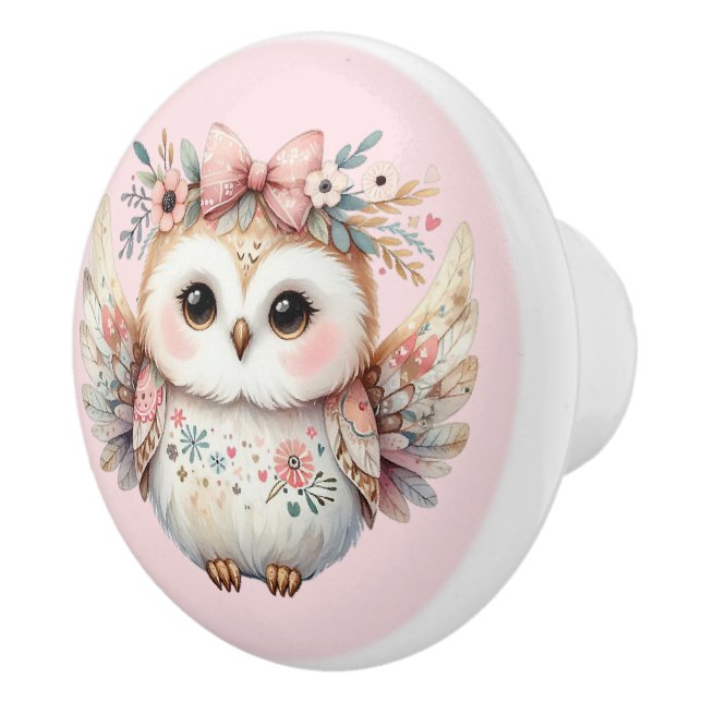 Kawaii Boho Owl Illustration Ceramic Knob (Right)