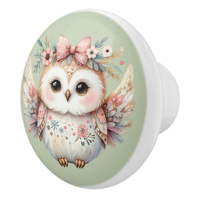 Kawaii Boho Owl Illustration Ceramic Knob (Right)
