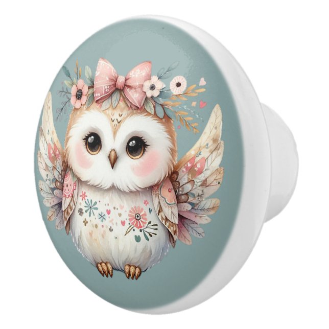 Kawaii Boho Owl Illustration Ceramic Knob (Right)