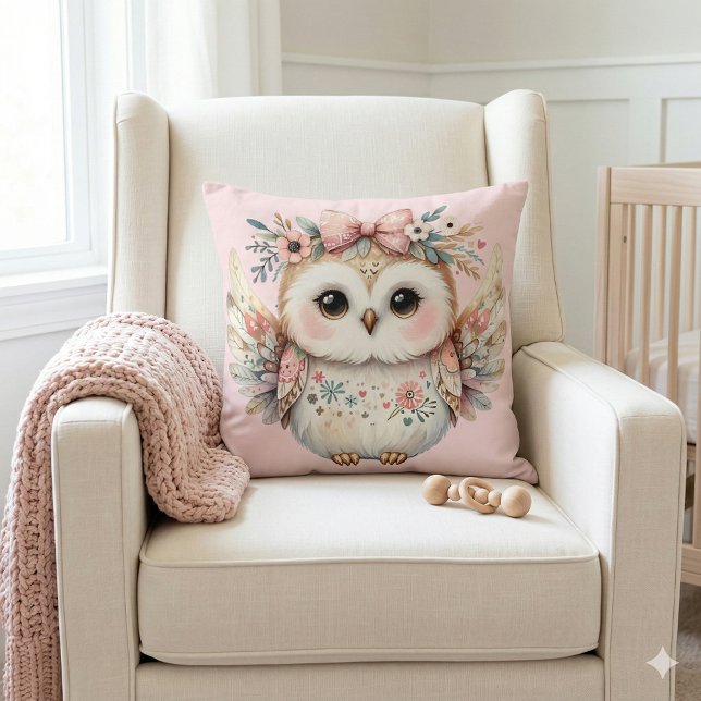 Kawaii Boho Owl Illustration Cushion (Kawaii Boho Owl Illustration Pink Throw Pillow Mockup A)