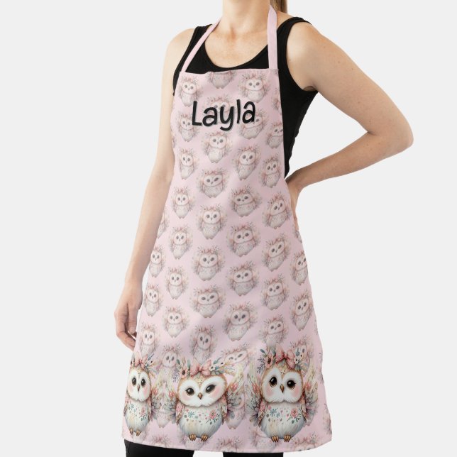 Kawaii Boho Owl Illustration Pink Apron (Insitu)