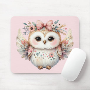 Kawaii Boho Owl Illustration Pink Mouse Pad