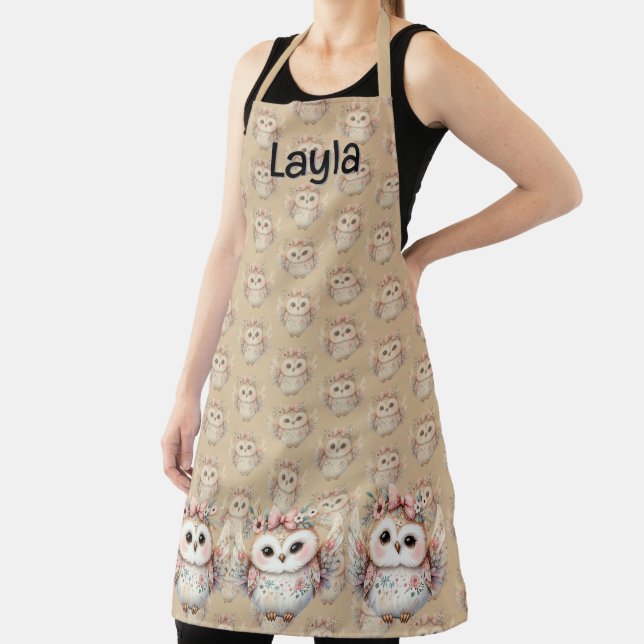 Kawaii Boho Owl Illustration Taupe Apron (Insitu)