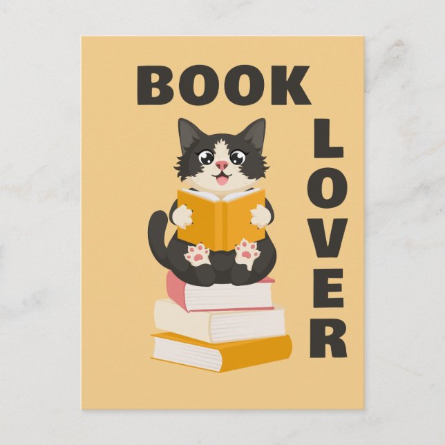 Kawaii Book Lover Back to School Cartoon Cat Reads Postcard (Front)