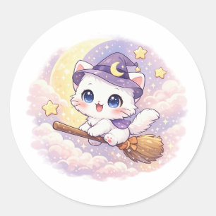 Kawaii Broom Witch Kitty Classic Round Sticker