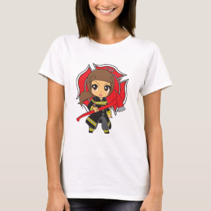 Kawaii Brunette Firefighter Girl - Customisable T-Shirt
