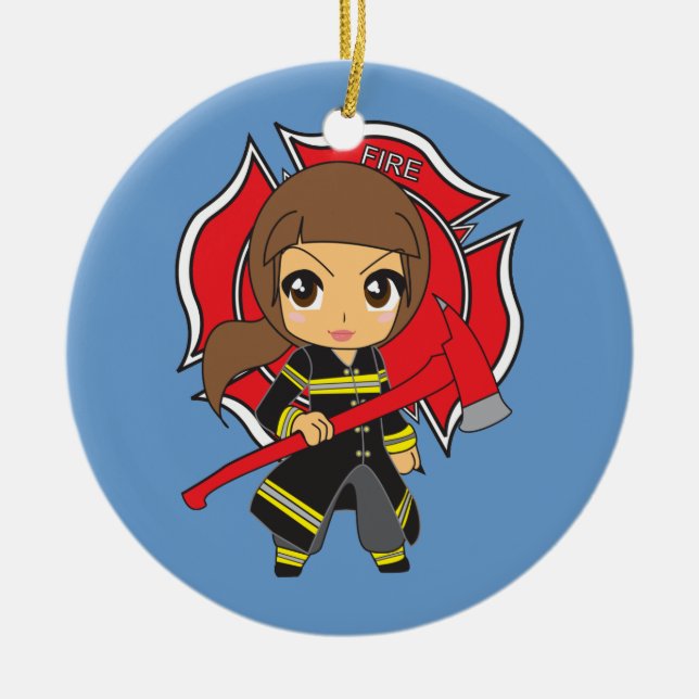 Kawaii Brunette Firefighter Girl Ornament (Front)